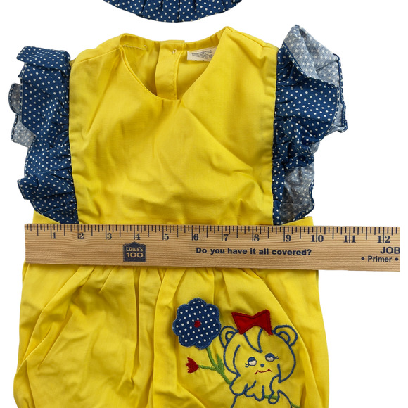 Vintage Baby Outfit Size Unknown Yellow Blue Polka Dot Jumper Embroidered Bonnet - Picture 2 of 4